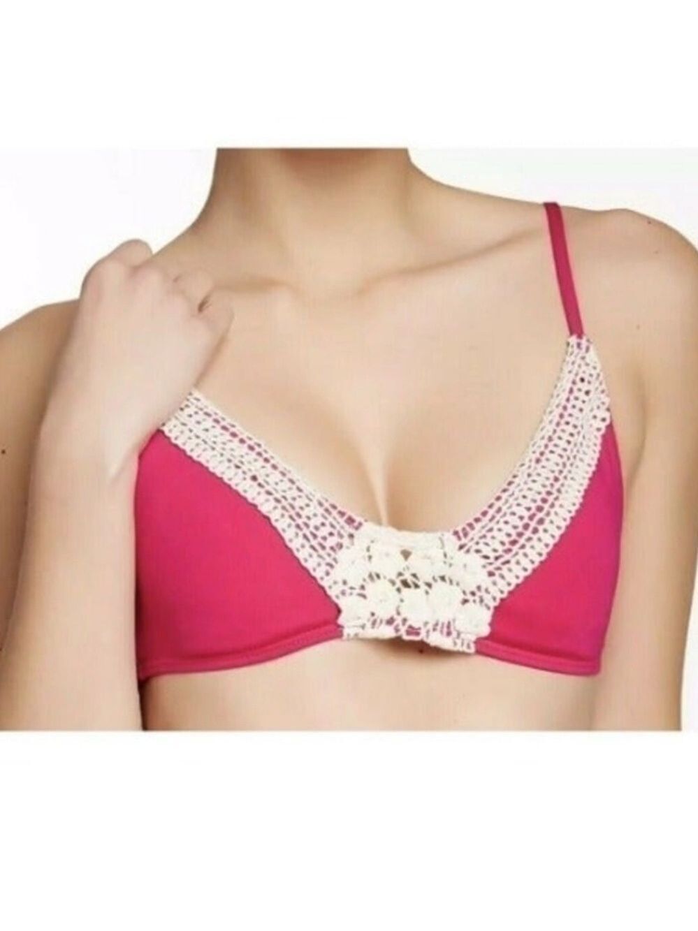 NWT Lucky Brand Crochet Bikini Top Size M Hot Pink Cream Criss Cross Back Beach